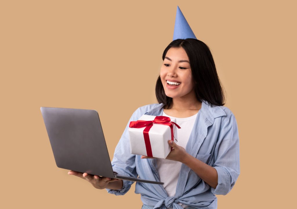 woman receiving gift from the internet